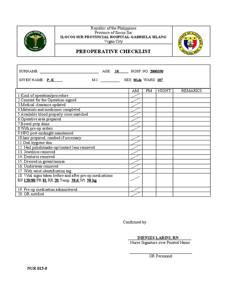 Preoperative Checklist: Ilocos Sur Provincial Hospital-Gabriela Silang ...