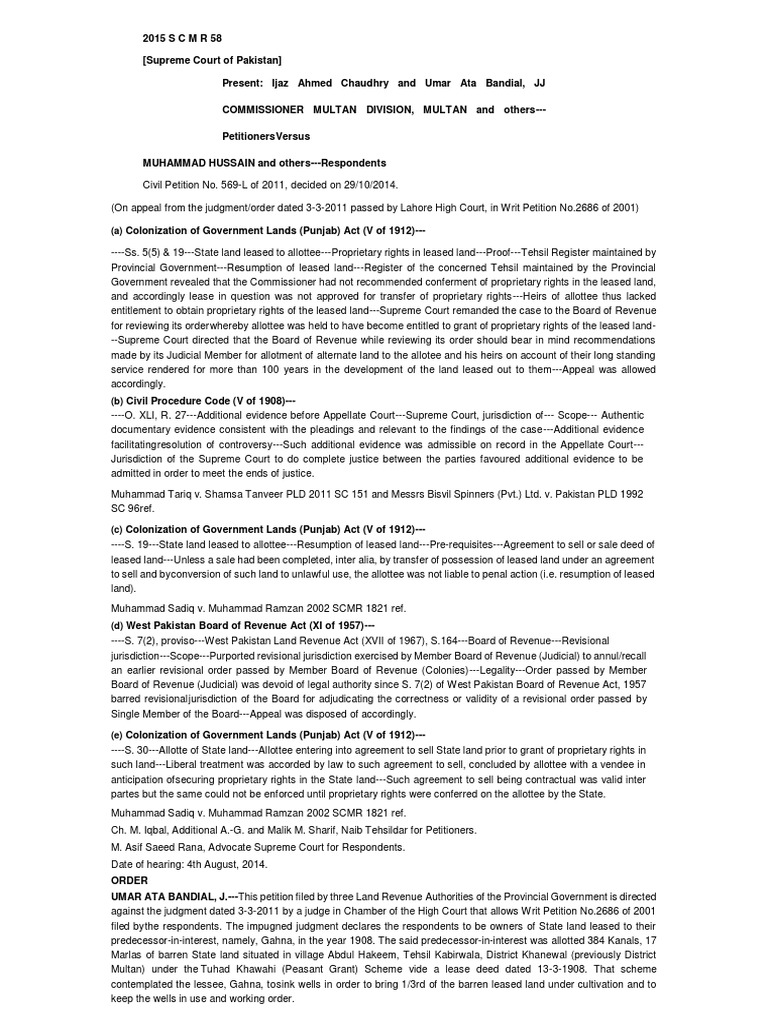Commissioner Multan Division, Multan VS Muhammad Hussain, 2015 Scmr ...