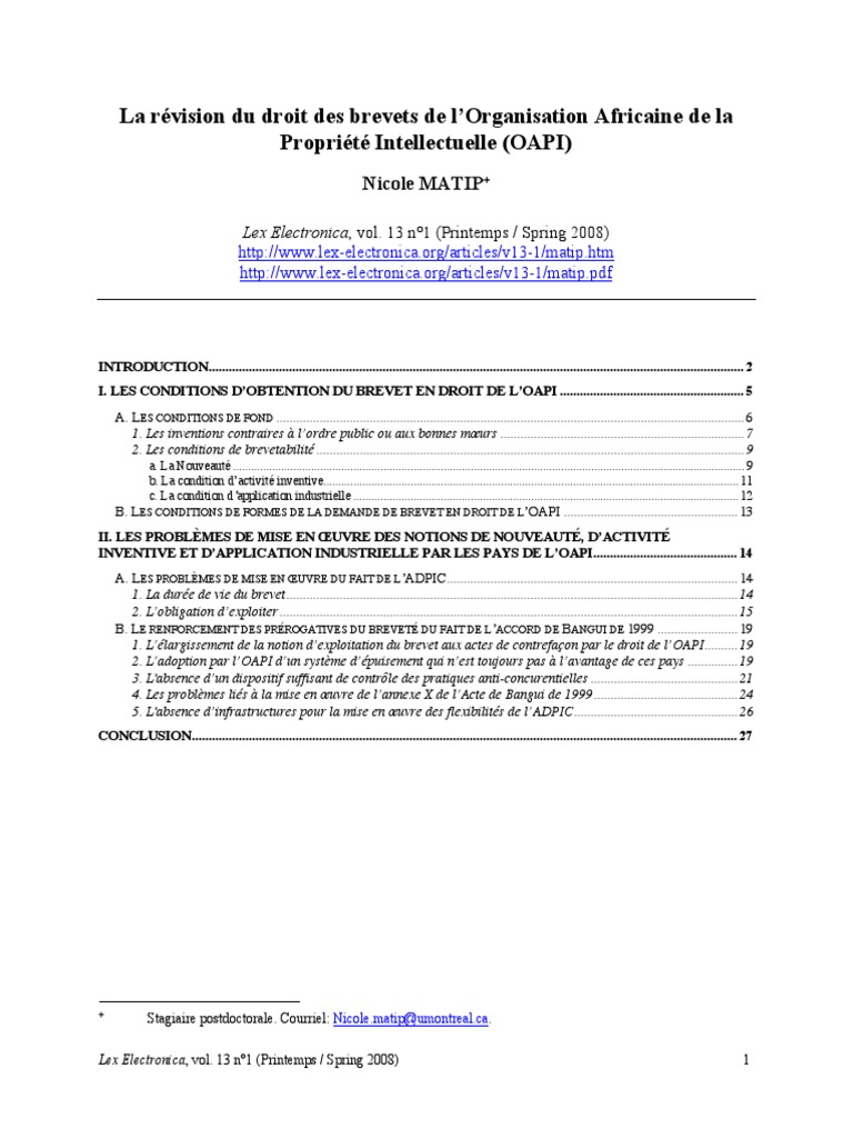 Révision du droit des brevets OAPI | PDF | Brevet | Propriété ...