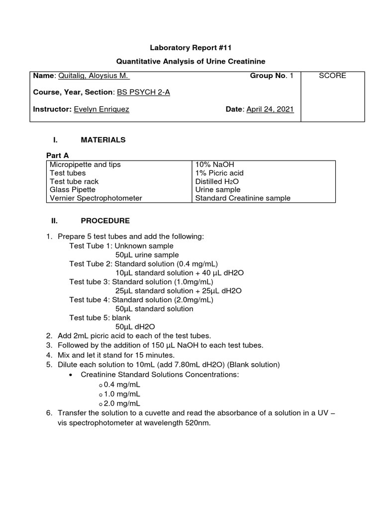 Urine Creatinine Analysis Report | PDF | Creatinine | Absorbance