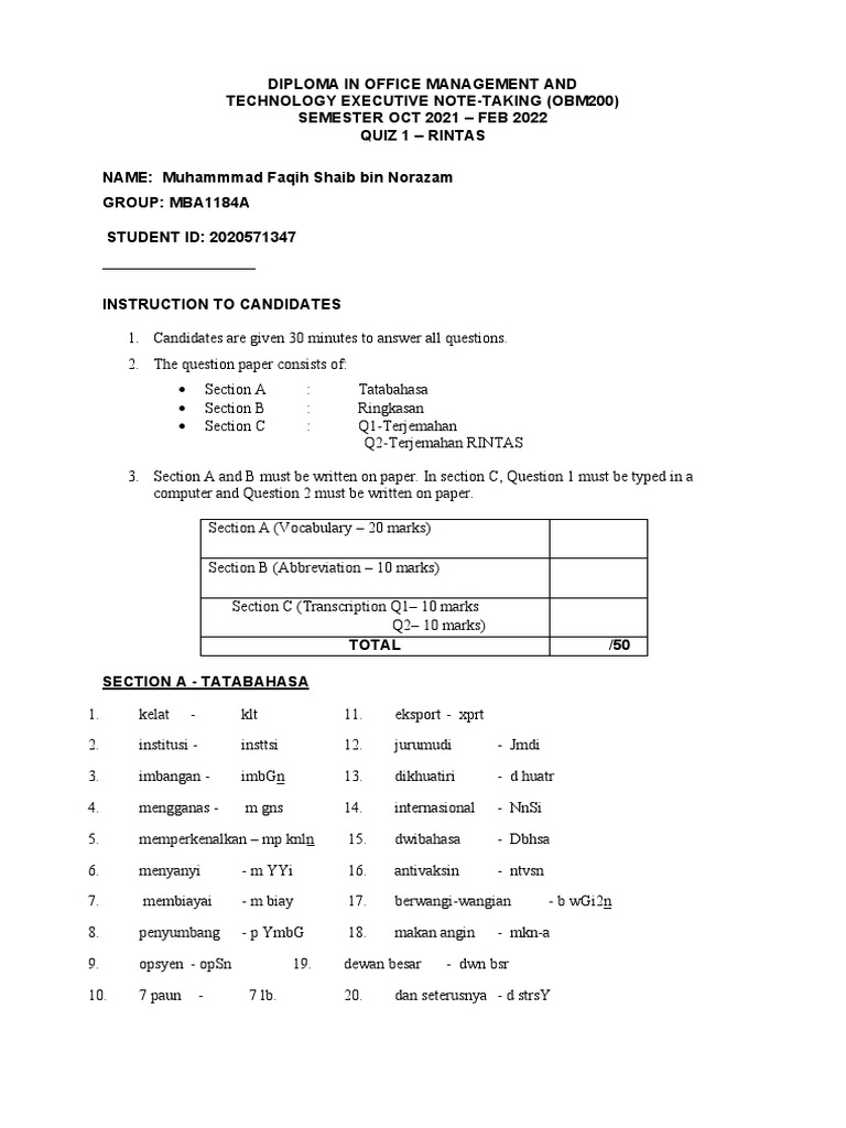 Quiz 1 Rintas Mba1184a | PDF