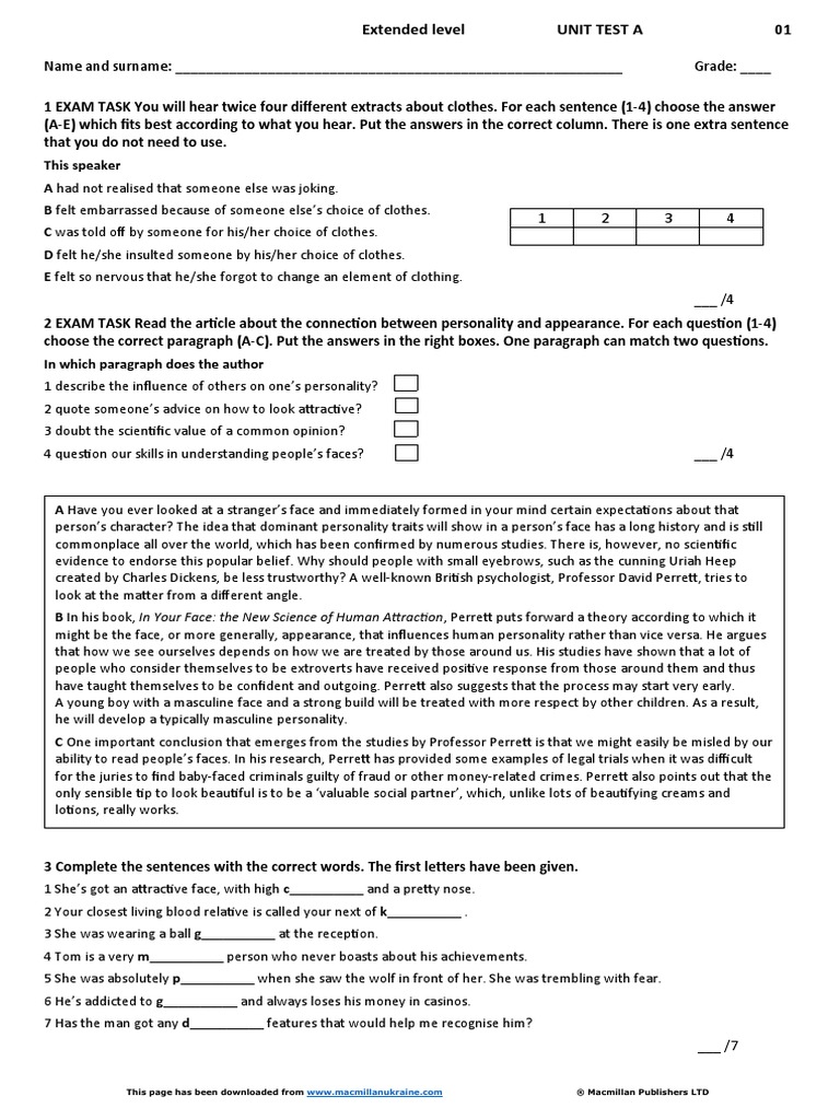 Extended Level Unit Test 1A | PDF | Language Arts & Discipline | Self ...