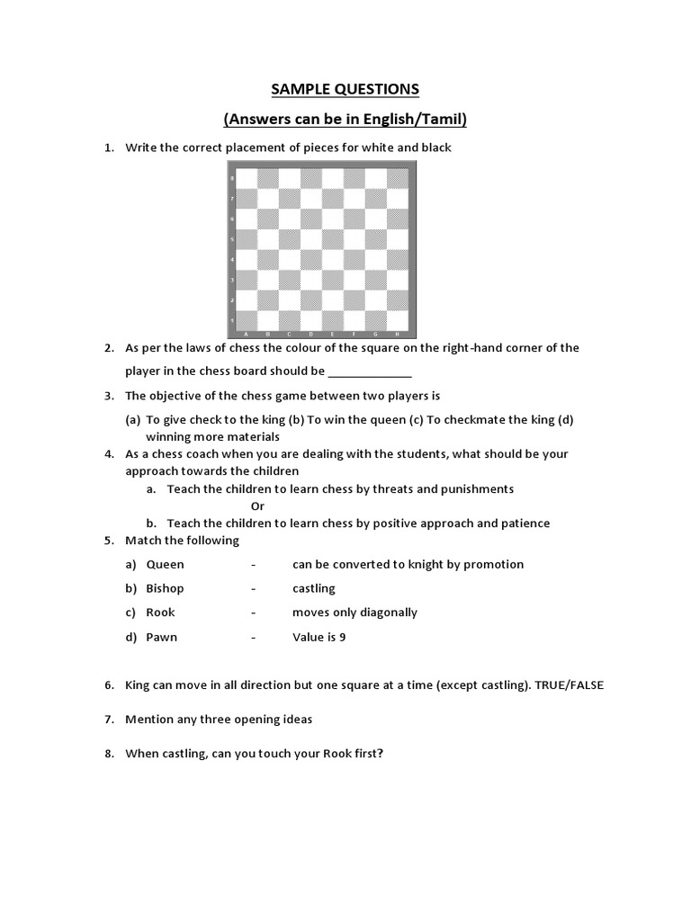 Chess Basics: Sample Questions & Answers | PDF