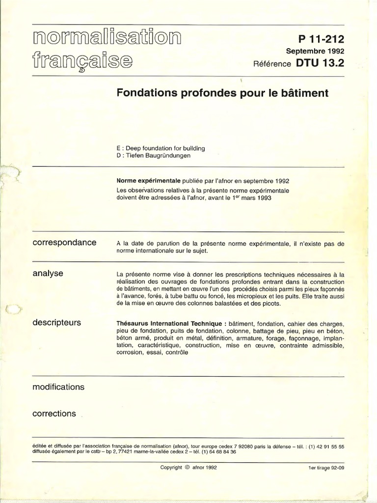 NF DTU 13.2 Fondations Profondes Pour Le Bâtiment | PDF