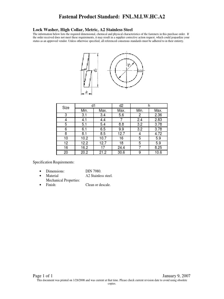 Fastenal Product Standard FNL.M.LW HC.A2 Lock Washer, High Collar