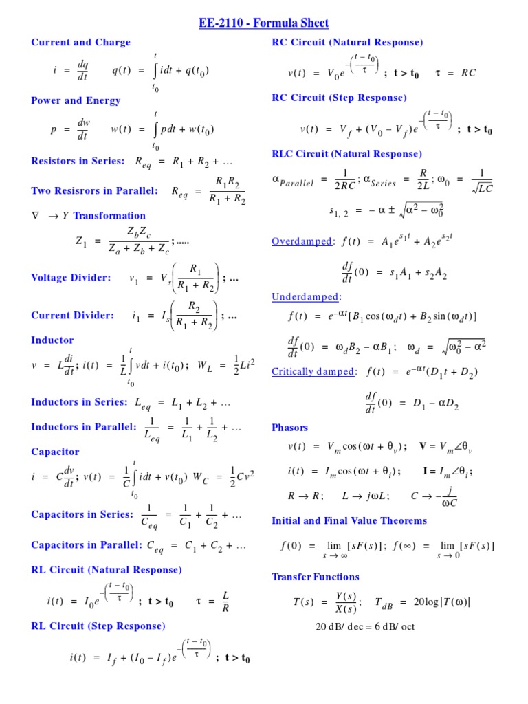 EE-2110 Circuit Formula Sheet | PDF | Signal Processing | Physical ...