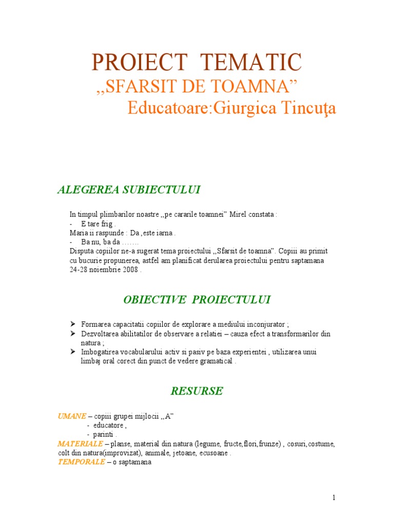 Proiect Tematic: ,,sfarsit de Toamna