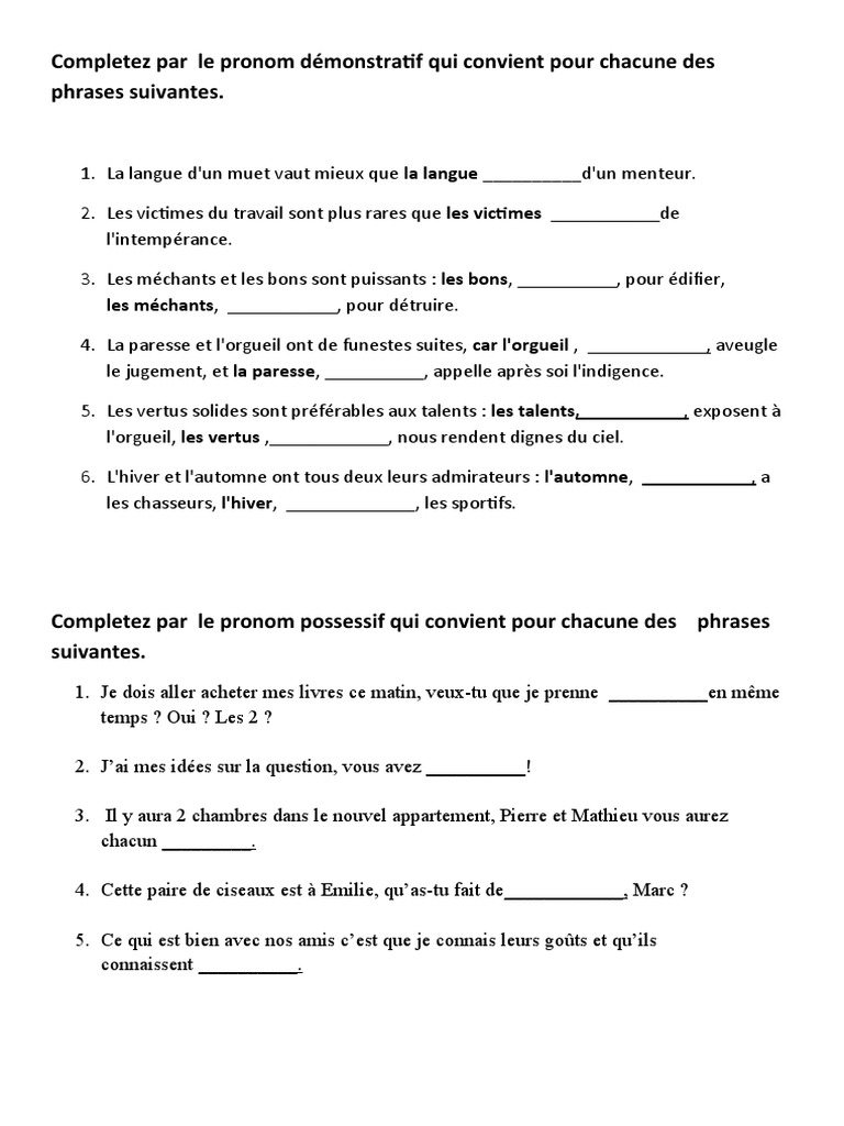 Exercices sur les pronoms en français | PDF | Études des langues étrangères