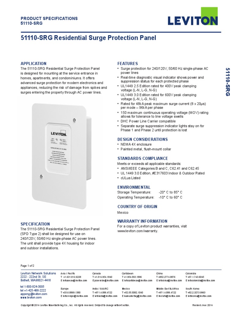 Leviton 51110-SRG Residential Surge Protection Panel | PDF