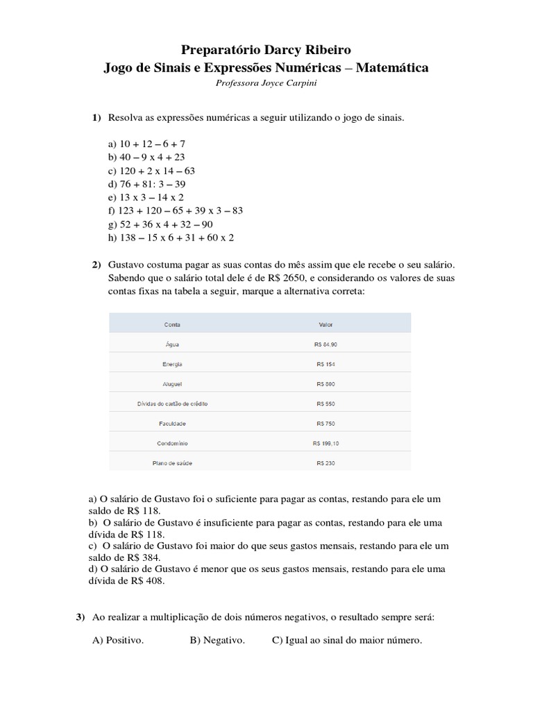 Jogo de Sinais e Expressões Numéricas | PDF | Números | Temperatura
