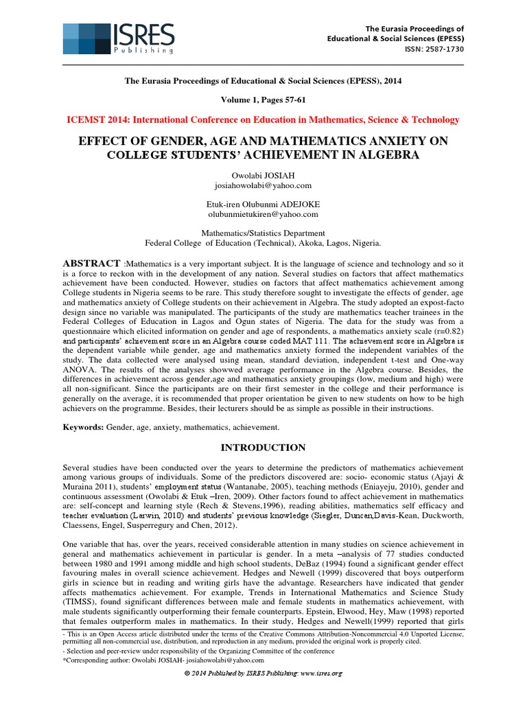 Effect of Gender, Age and Mathematics Anxiety On College Students ...