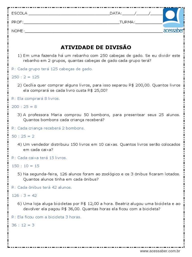 Atividade de Matematica Problemas de Divisao 3 Ano e 4 Ano Respostas | PDF