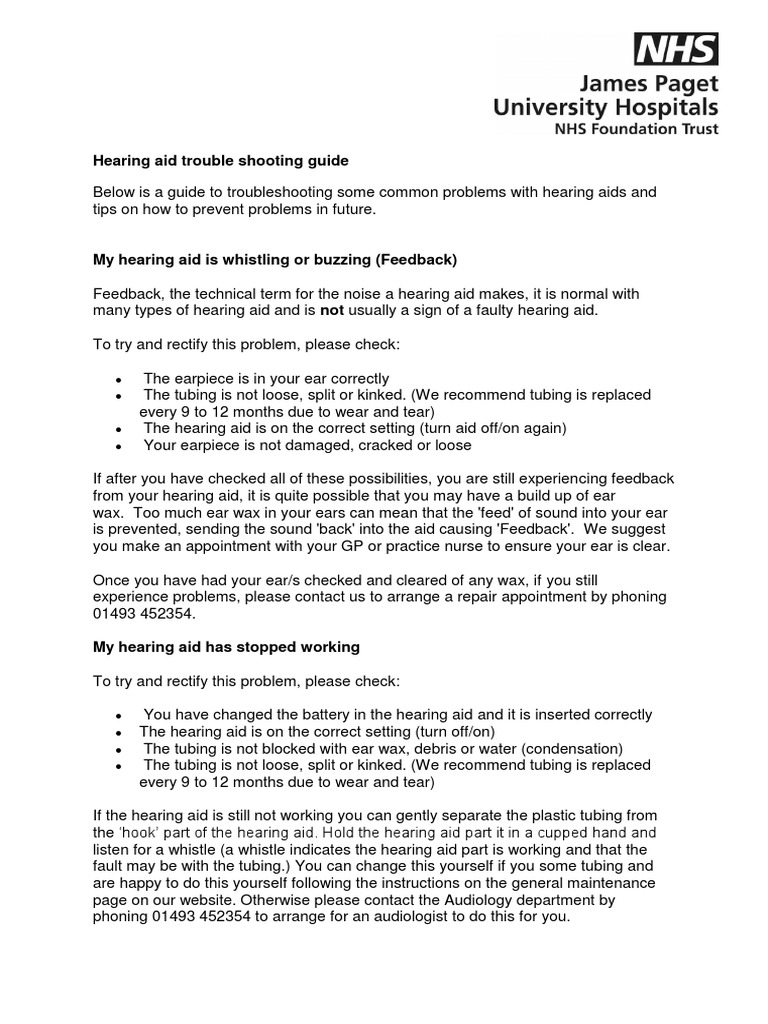 Hearing Aid Trouble Shooting Guide PDF Hearing Aid Audiology