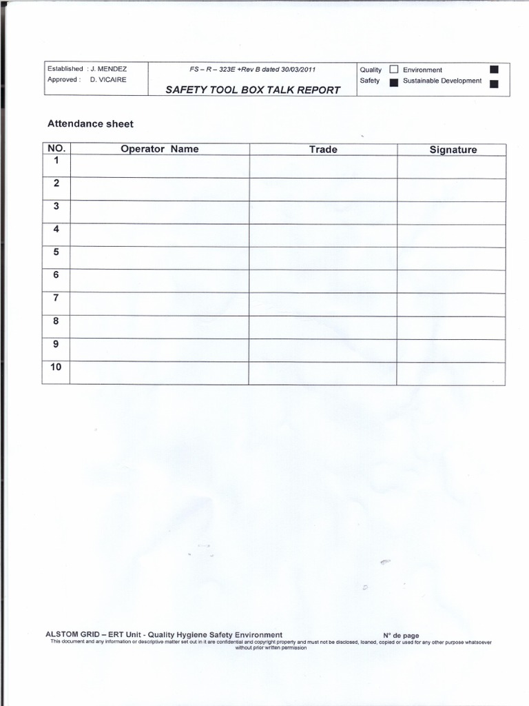 Safety Tool Box Talk Report - Attendance Sheet For Machine Operators | PDF