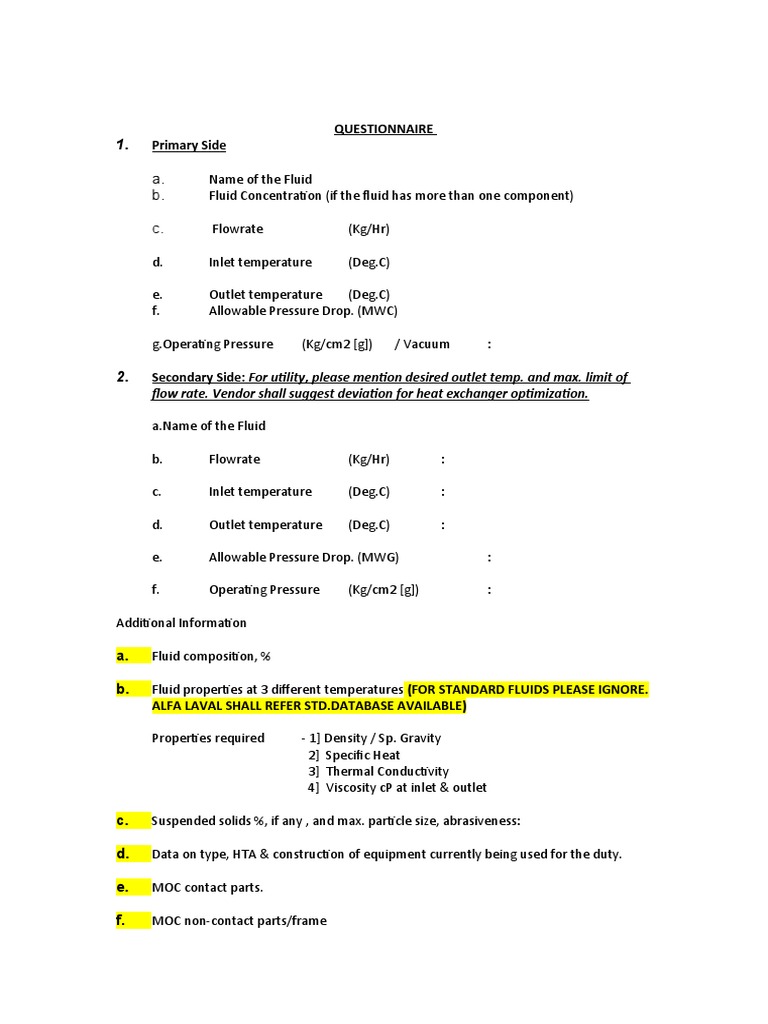 Alfa Laval Fluid Handling Questionnaire | PDF | Science & Mathematics ...