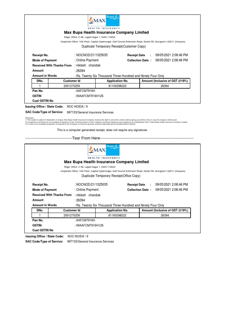 Max Bupa Health Insurance Company Limited PDF Insurance Receipt