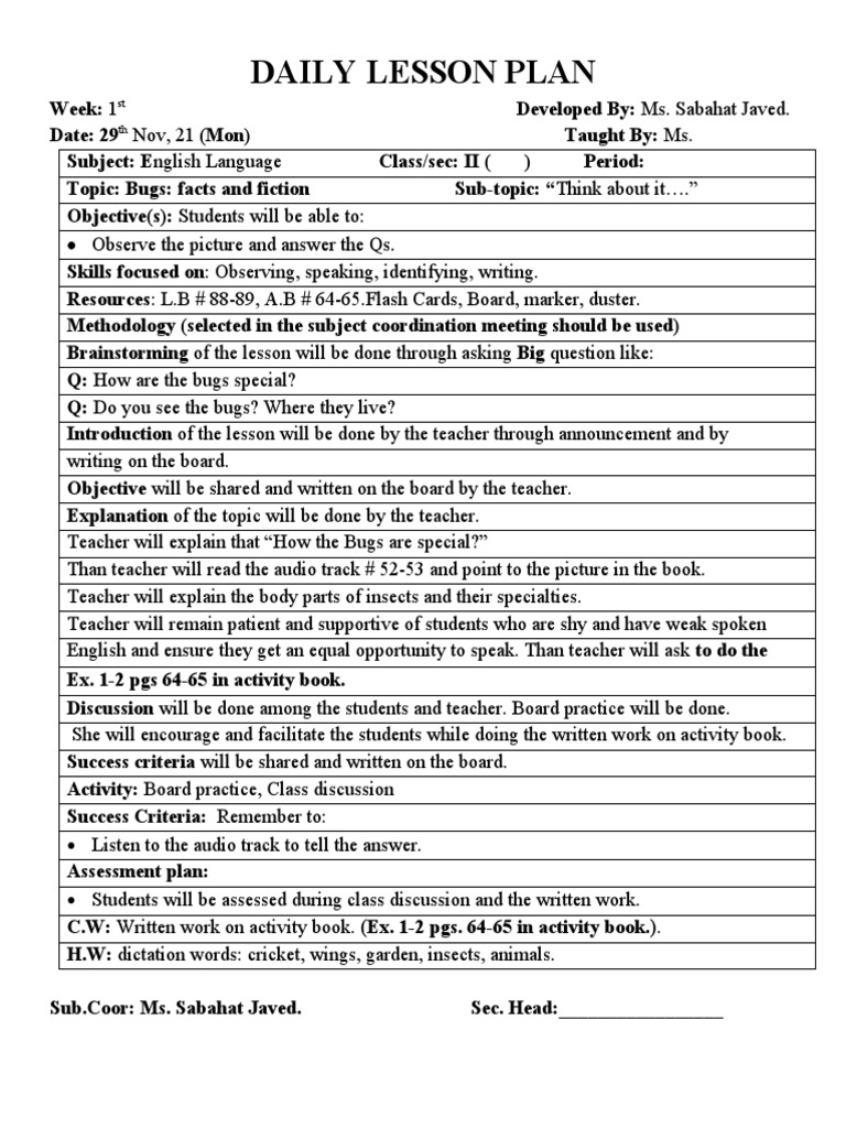 English Lesson Plans on Bugs | PDF | Lesson Plan | Teachers