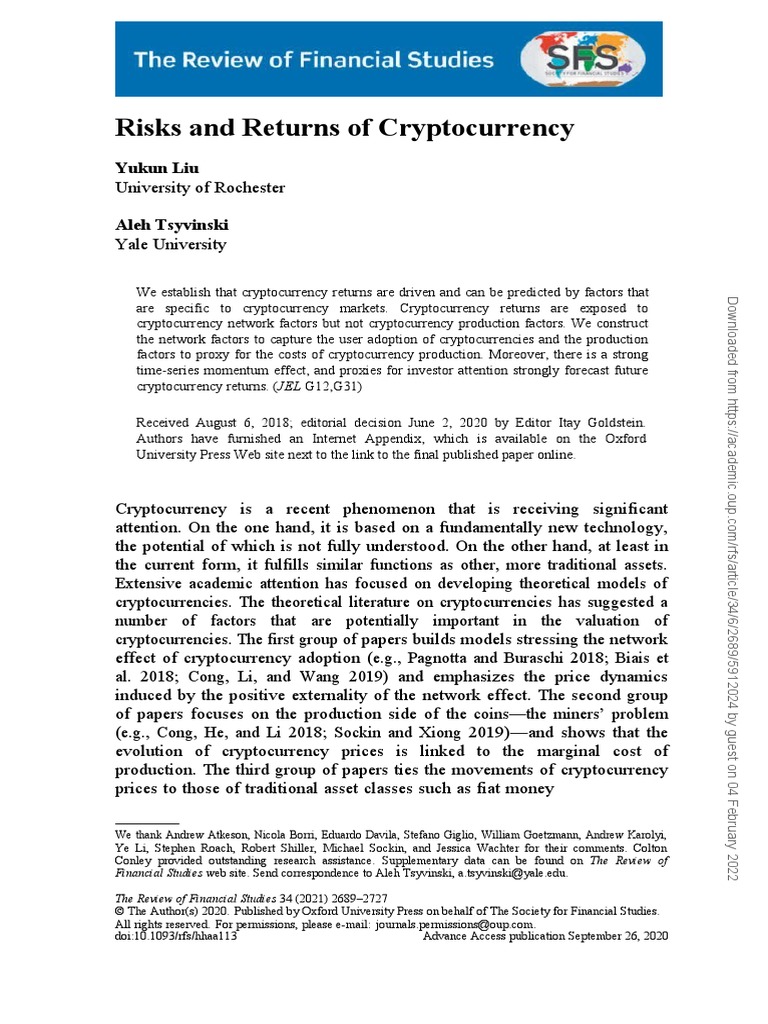 Risks and Returns of Cryptocurrency: Yukun Liu Aleh Tsyvinski | PDF |  Cryptocurrency | Sharpe Ratio