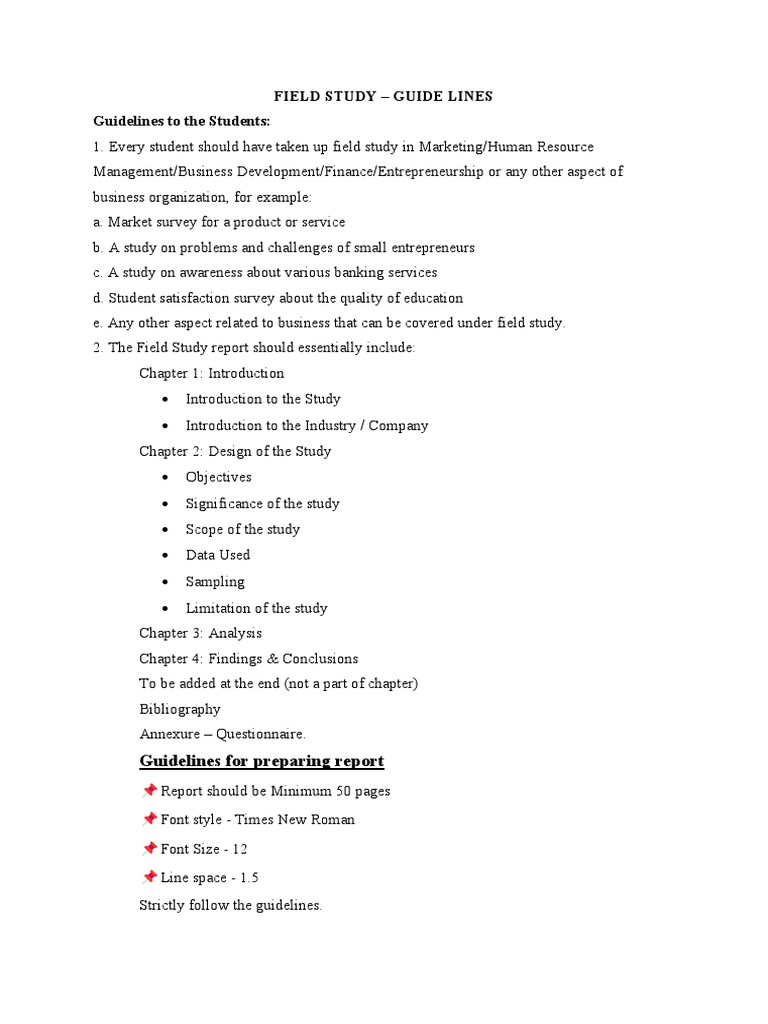 Field Study Guide Lines Guidelines To The Students Guidelines For