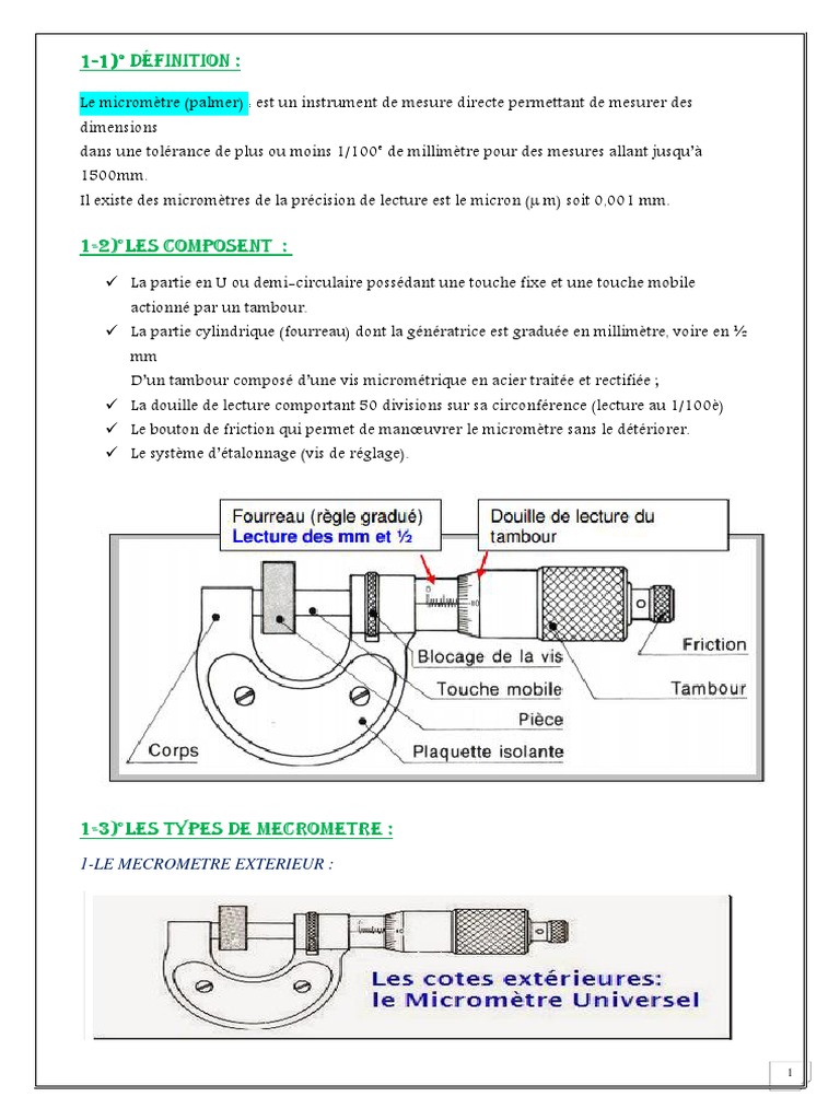 1-1) ° Définition:: 1-Le Mecrometre Exterieur, PDF, Longueur