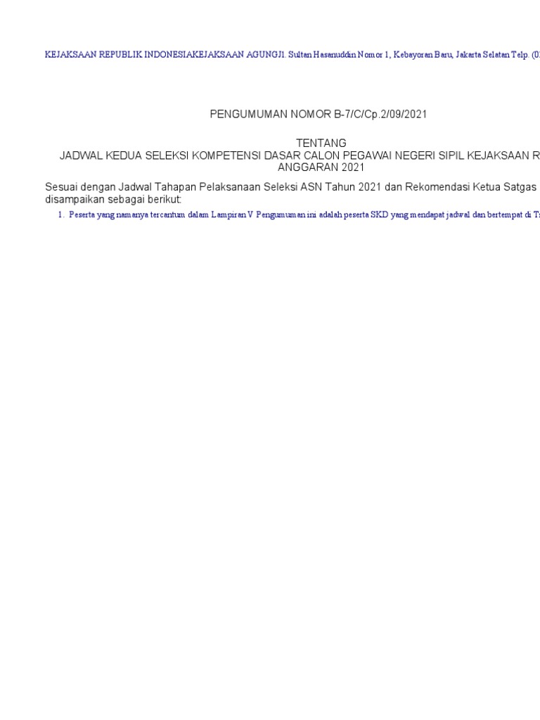 Pengumuman jadwal kedua skd cpns kejaksaan ri ta 2021 pdf