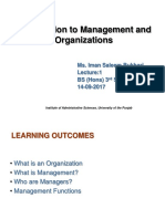 Introduction To Management and Organizations: Ms. Iman Saleem Bukhari BS (Hons) 3 Semester 14-09-2017