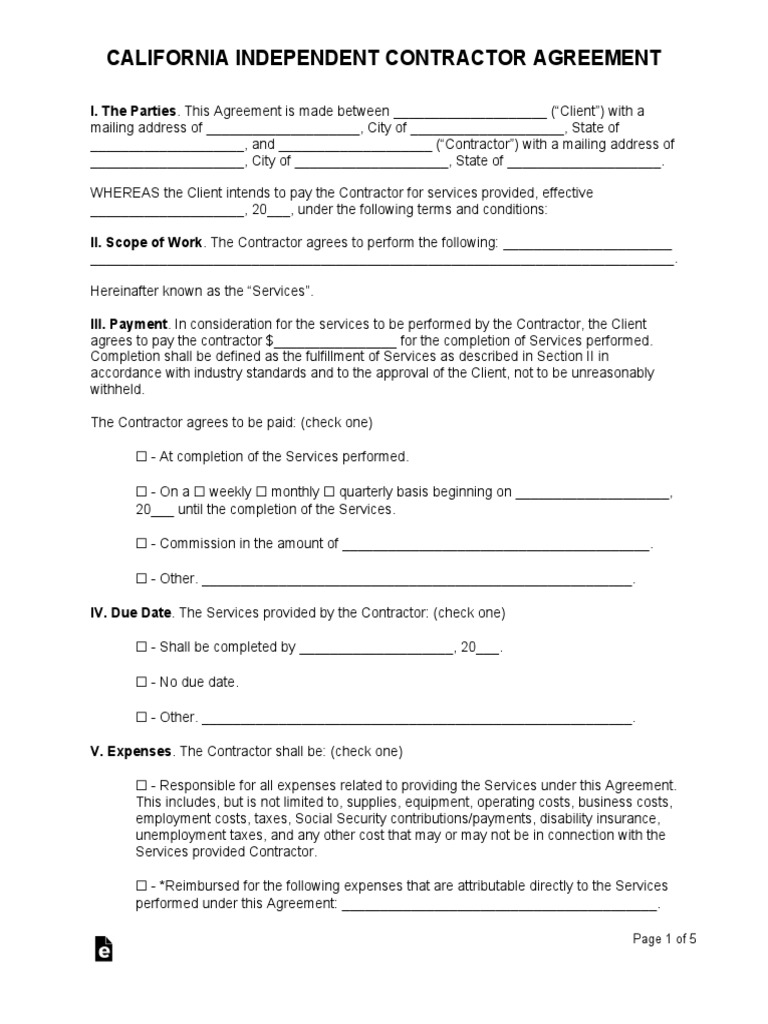 California Independent Contractor Agreement PDF Liability Insurance Employment