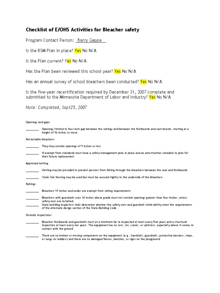 Bleacher Safety E/OHS Checklist | PDF
