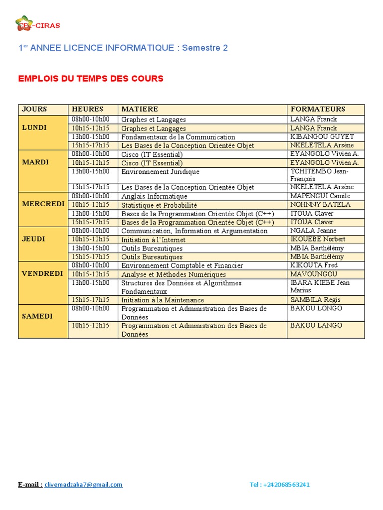Emploi du temps Licence Informatique L1 | PDF | Gestion informatique ...