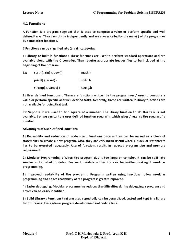 4.1 Functions: Lecture Notes C Programming For Problem Solving (18CPS23 ...