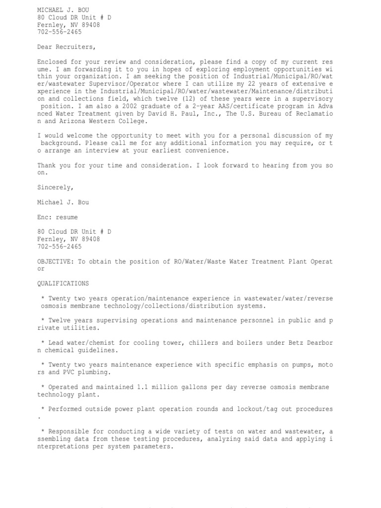 RO/Water/Wastewater Treatment Supervisor/Operator PDF Reclaimed