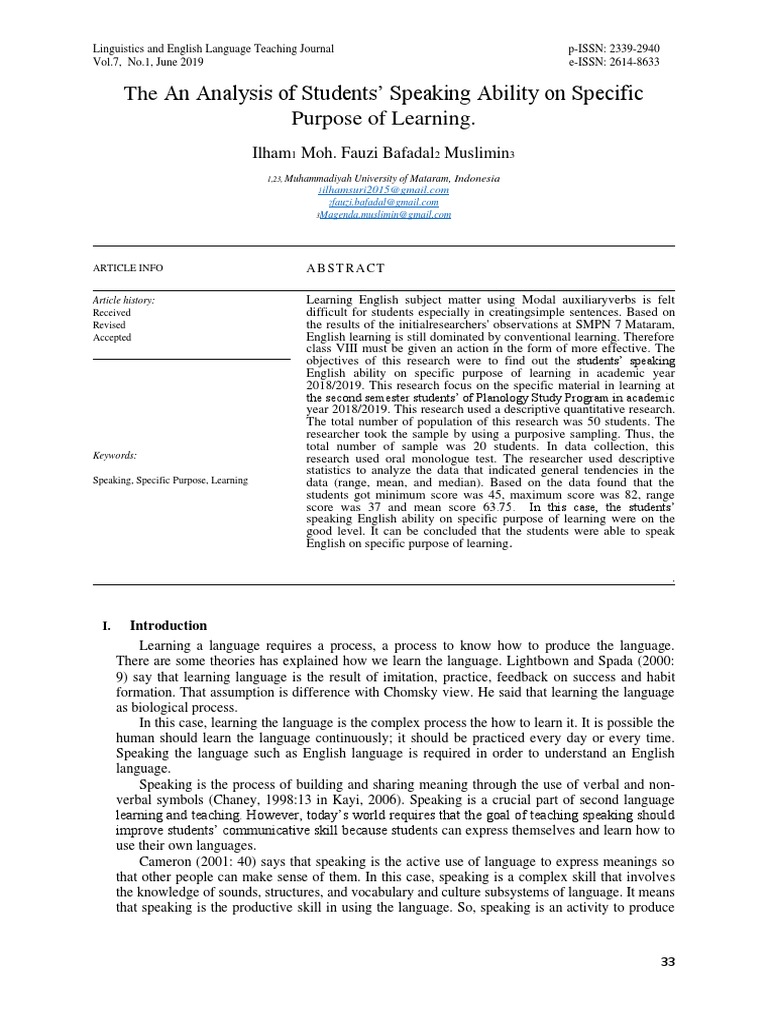 An Analysis of Students Speaking Ability On Speci | PDF | Fluency ...