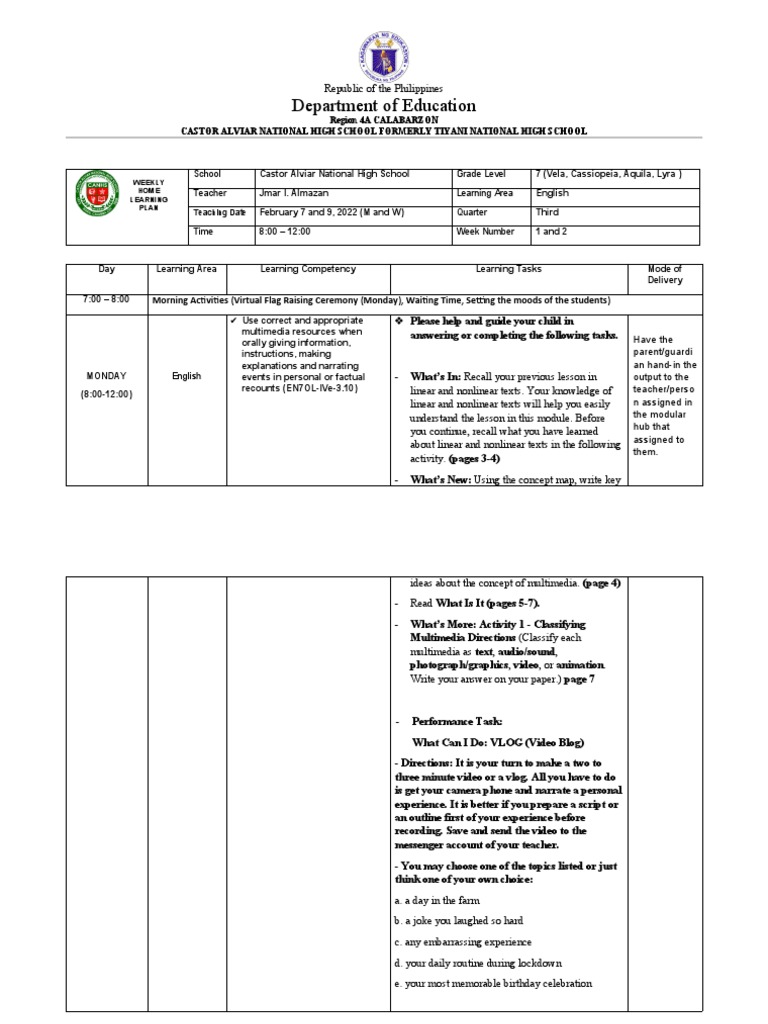 Department Of Education School Grade Level Teacher Learning Area 