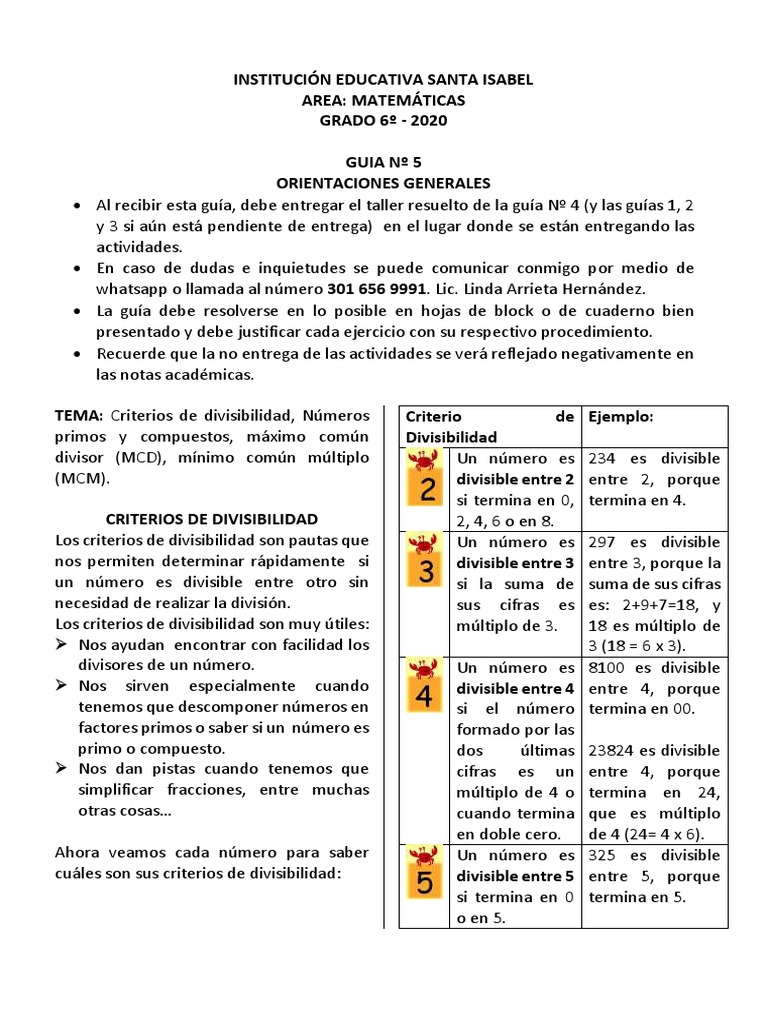 Criterios de Divisibilidad en Matemáticas 6 | PDF | División ...