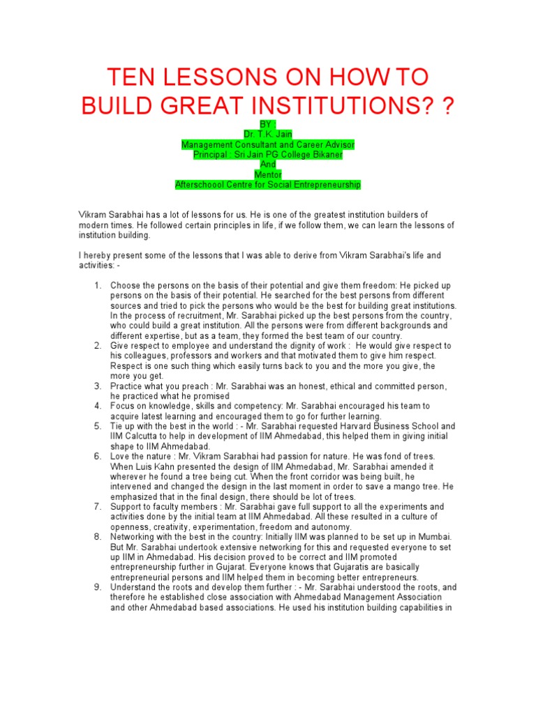 Lessons in Building Great Institutions | PDF | Cognition | Behavior ...