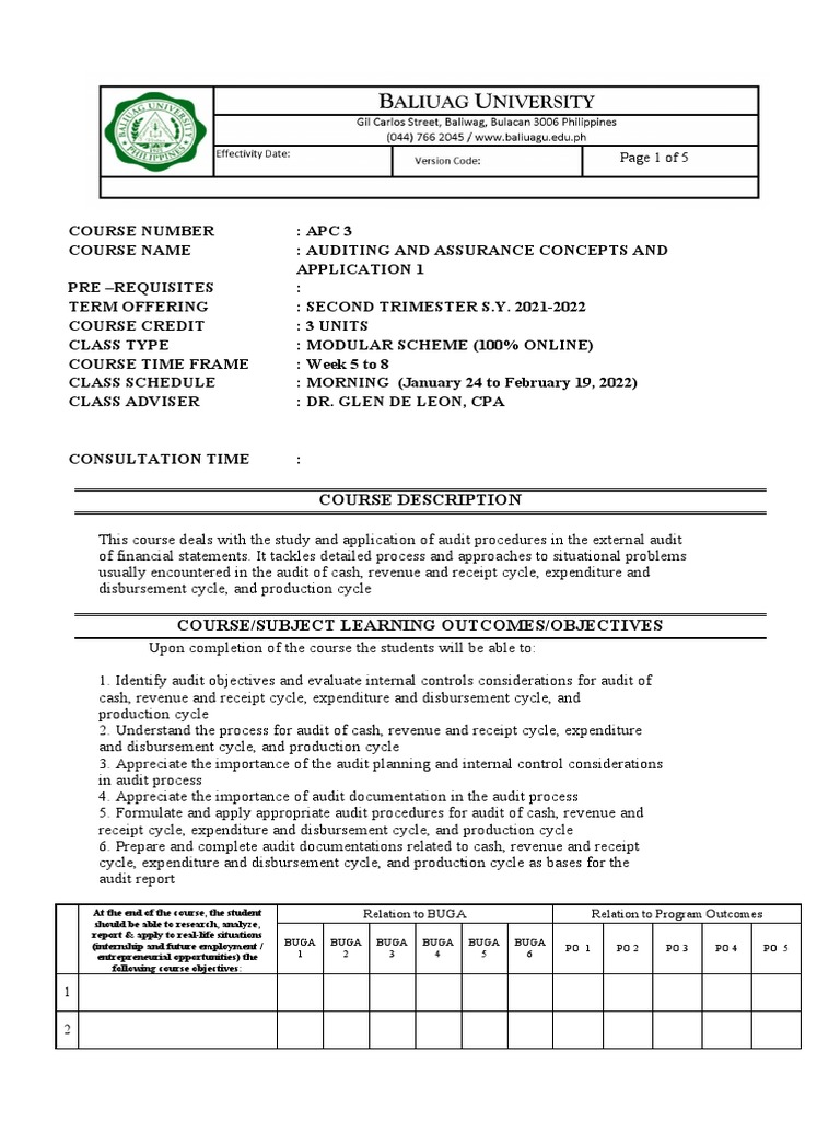 Auditing and Assurance Course Syllabus | PDF | Audit | Equity (Finance)