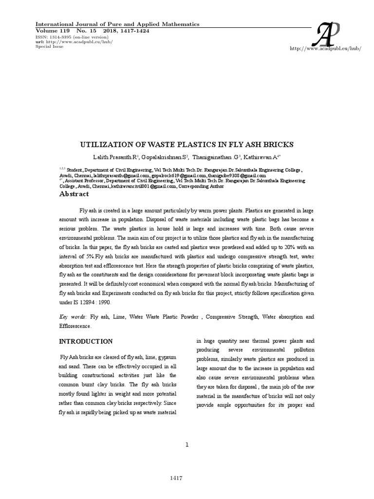 Utilization of Waste Plastics in Fly Ash Bricks Lalith Prasanth.R