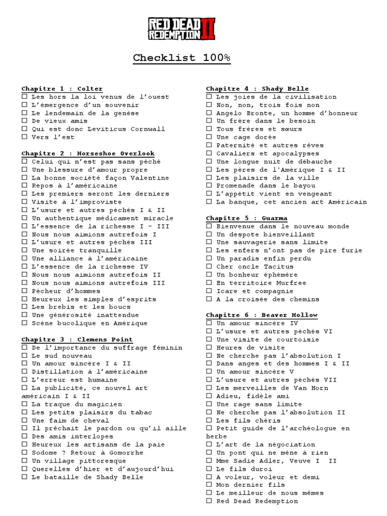 Checklist complète Red Dead Redemption 2 | PDF