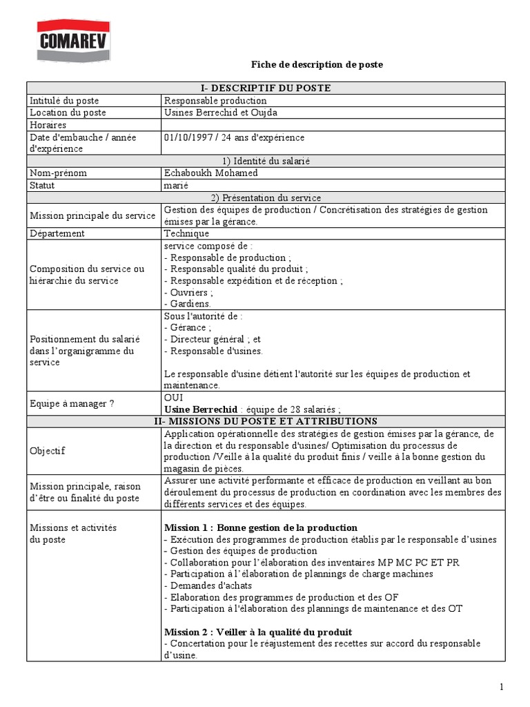 Fiche de poste : Responsable production | PDF | Économie | Business