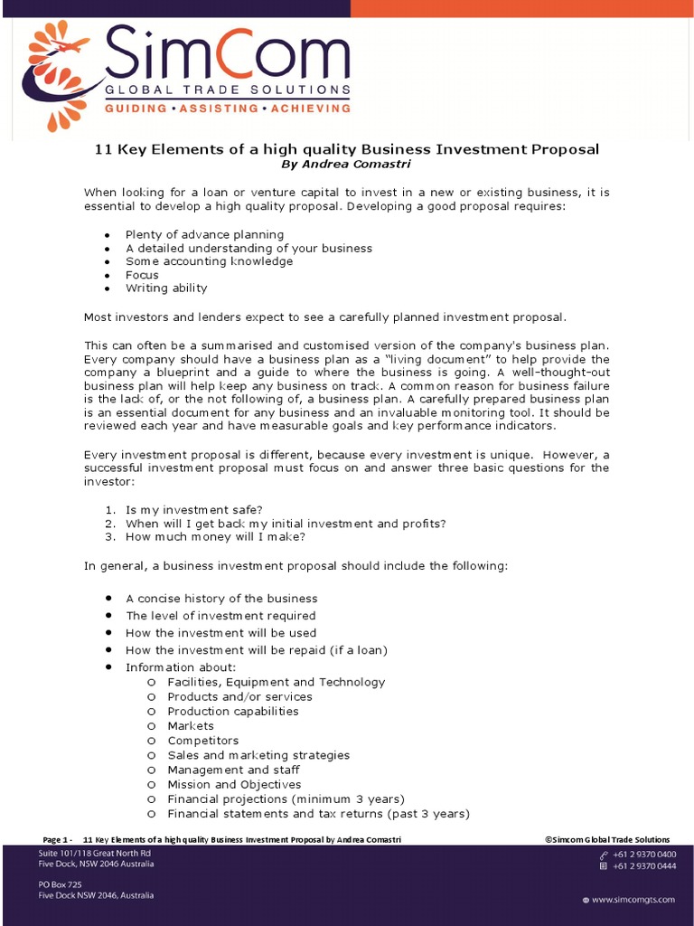 11 Key Elements of A High Quality Business Investment Proposal | PDF ...