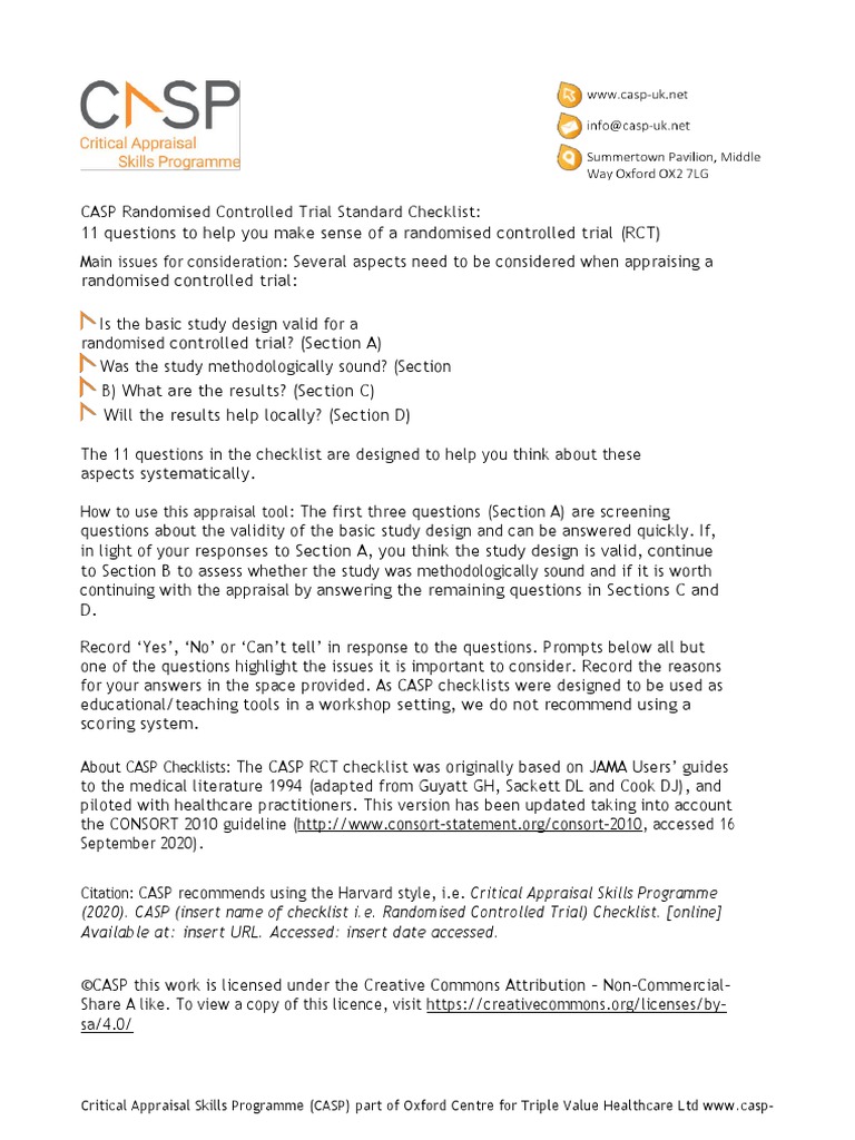 CASP Randomised Controlled Trial Standard Checklist: Main Issues For ...
