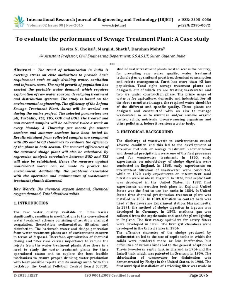 To Evaluate The Performance of Sewage Treatment Plant: A Case Study ...