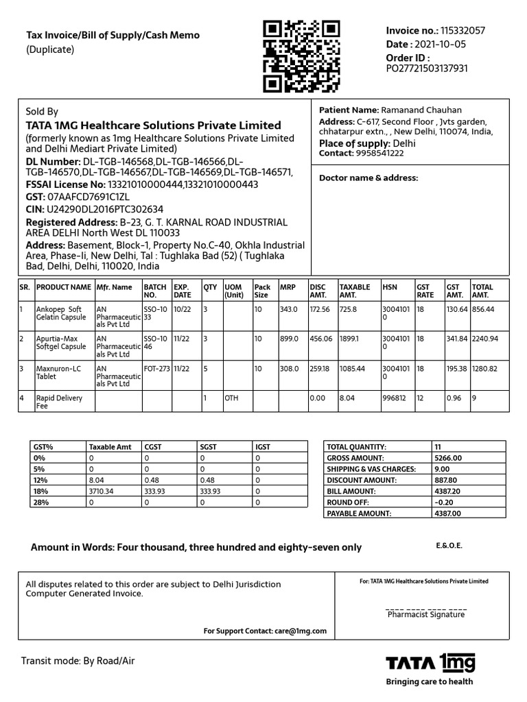 TATA 1MG Healthcare Solutions Private Limited: Chhatarpur Extn.,, New  Delhi, 110074, India, PDF, Value Added Tax