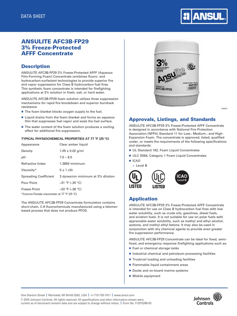 Ansulite Afc3B-Fp29 3% Freeze-Protected AFFF Concentrate: Description ...