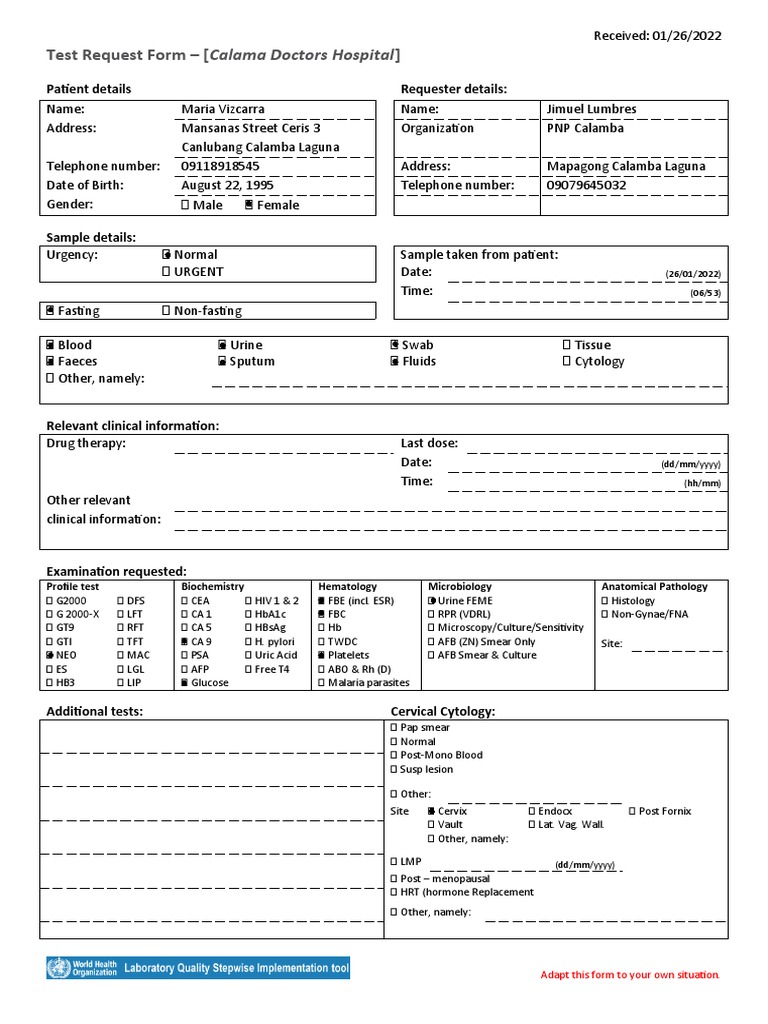 Test Request Form for Calama Hospital | PDF | Medical Specialties ...