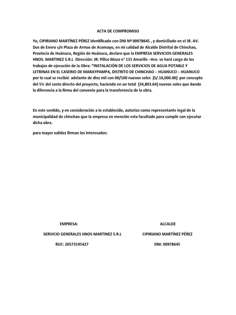 Compromiso de Ejecución de Obra en Chinchao | PDF | Finanzas y dinero