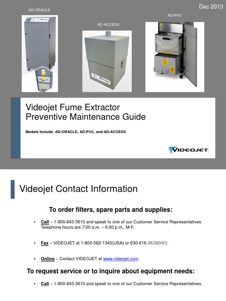 Maintenance Guide for Videojet Fume Extractor Models ADORACLE, ADPVC, and ADACCESS PDF
