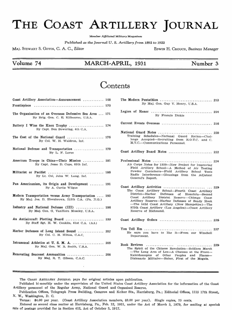 Coast Artillery Journal - Apr 1931 | PDF | Artillery | United States