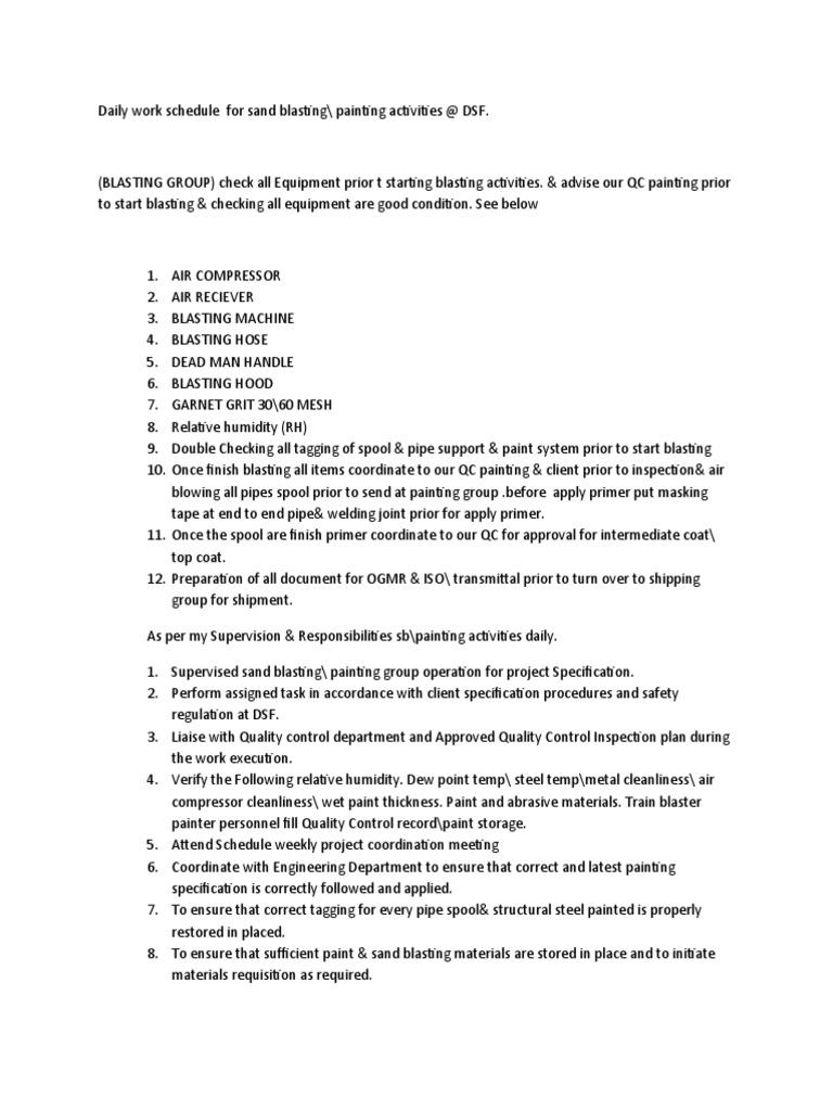 Sandblasting and Painting Daily Schedule | PDF | Pipe (Fluid Conveyance ...