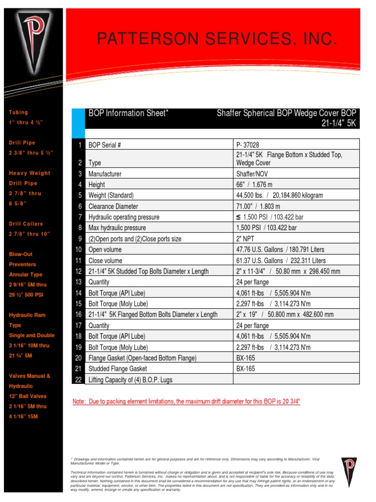 Shaffer Spherical BOP Specifications | PDF | Mechanical Engineering ...